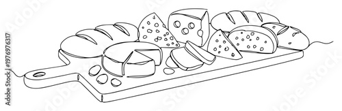 cheese and bread assortment platter continuous one line drawing