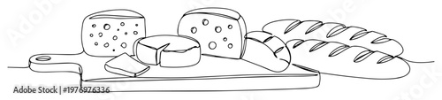 cheese and bread on cutting board continuous one line drawing