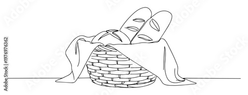 fresh bread baguettes in a wicker basket continuous one line drawing