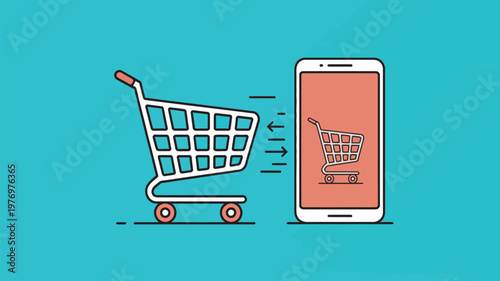 A shopping cart icon transferring to a smartphone screen for mobile online shopping.