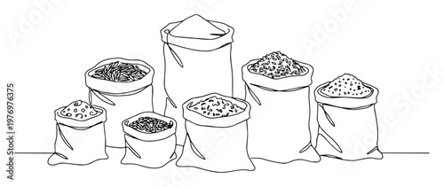 sacks with grains spices and flour continuous one line drawing