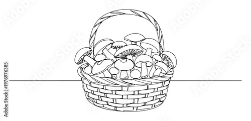 basket of wild mushrooms continuous single line drawing