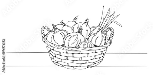 fresh onions in a wicker basket continuous one line drawing