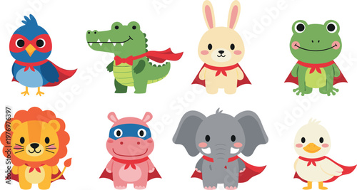 Cute Animal Superhero Cartoon Characters Set with Lion Elephant Rabbit Frog Crocodile and Bird in Fun Kids Hero Costume Illustration