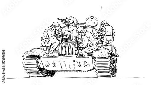 astronauts driving tracked lunar rover vehicle line art drawing