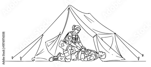 military medic providing aid in field tent line art
