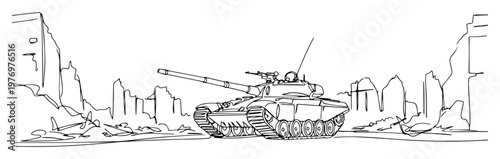 tank in destroyed urban warzone black and white sketch
