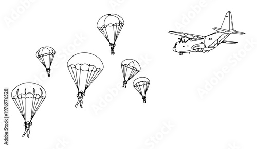 paratroopers jumping from military airplane ink drawing