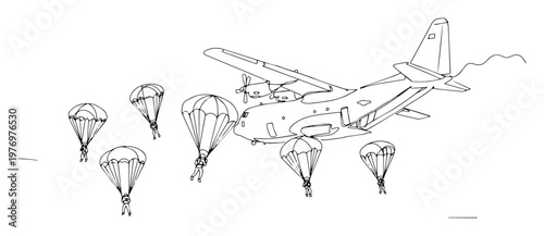 airdrop soldiers descending with parachutes line illustration