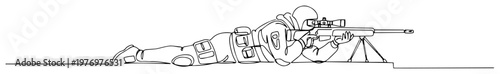army sniper aiming in prone position black and white drawing