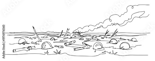 aftermath of a battle on a war field continuous one line drawing