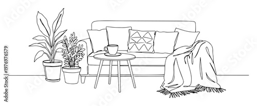 cozy living room interior with sofa and plants continuous one line drawing