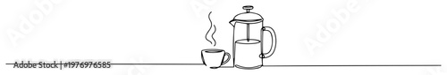 french press coffee maker and a cup of coffee continuous one line drawing