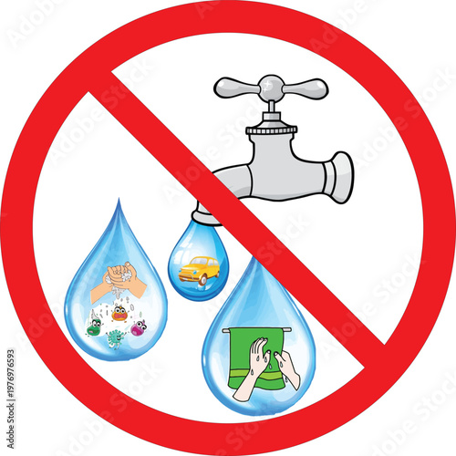Prohibitory Sign Against Water Wastage with Tap and Droplets, Stop Wasting Water Concept Icon for Conservation Awareness