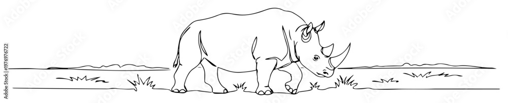 Obraz premium walking rhinoceros on savanna line art illustration