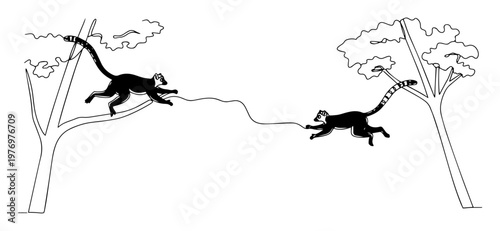 monkeys jumping between trees in jungle sketch