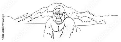 gorilla sitting in front of mountain outline vector