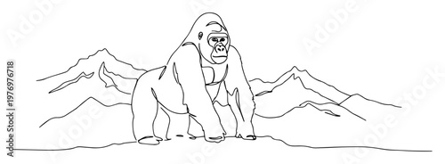 standing gorilla in mountain landscape ink drawing