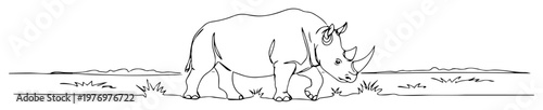 walking rhinoceros on savanna line art illustration