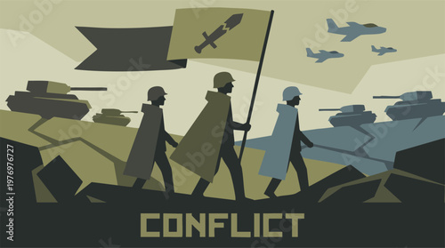Abstract military scene: soldiers, tanks, jets, and a broken sword flag