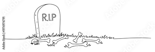 halloween gravestone with bones continuous one line drawing