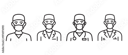 Medical professionals wearing face masks and surgical caps, line art vector illustration.