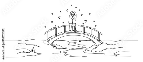 couple kissing on bridge continuous one line drawing