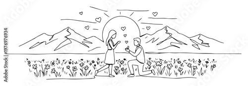 man proposing to woman in mountains romantic scene line art drawing