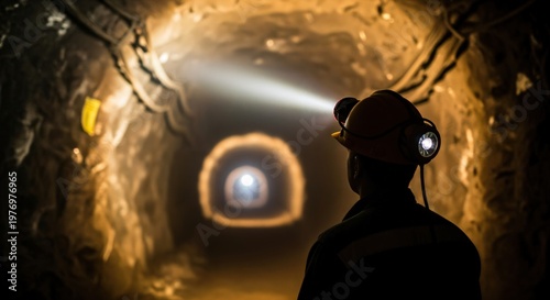 Male Miner with Headlamp Exploring Deep Underground Gold Mine Tunnel