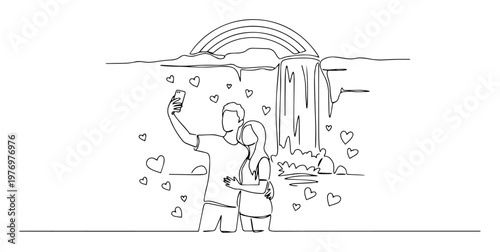couple taking selfie at waterfall with rainbow hearts vector illustration