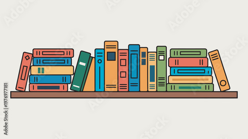 A colorful illustration of a bookshelf filled with books of various sizes and colors.