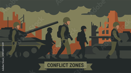 Military patrol in a devastated urban area, soldiers and tanks in conflict zones