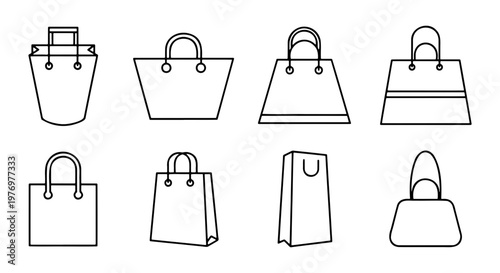 Shopping bag icon set, retail paper bags, fashion handbag vector outlines