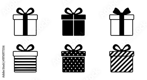 Minimalist gift box icons, 6 black present vector set, holiday gift symbols