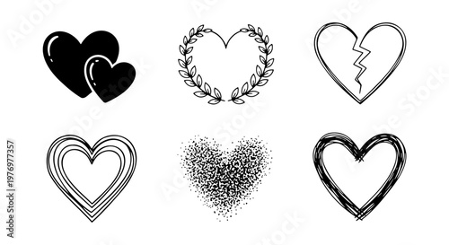Black heart icons set, hand drawn love symbols, 6 vector heart elements
