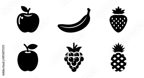 Minimalist fruit icon set, black silhouette food symbols, 6 vector elements