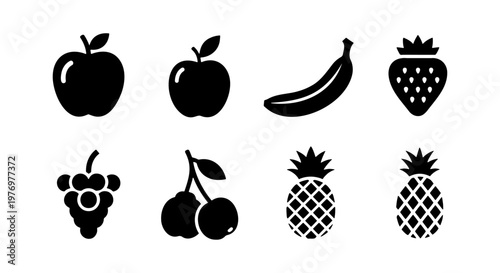Minimalist fruit icon set, black solid food symbols, 8 vector elements