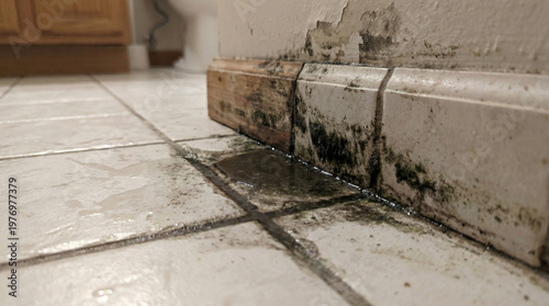 Close-up of a water puddle on floor tiles with black mold growth in seams, indicating a hidden plumbing leak and water damage inside the wall, moisture and fungal contamination