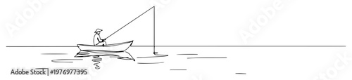 man fishing from a boat on the lake continuous one line vector drawing
