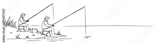 two men fishing on river bank continuous one line drawing vector