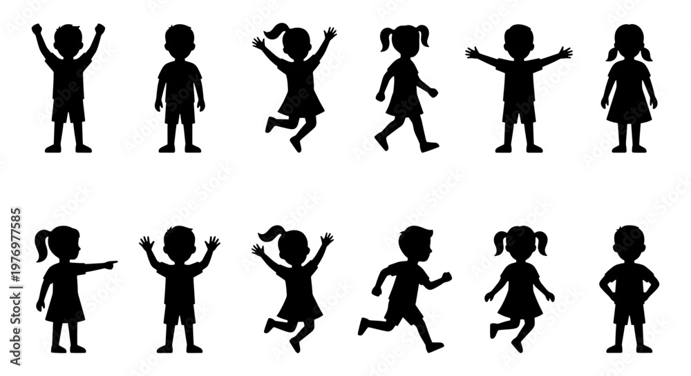 Fototapeta premium Children silhouettes set, 12 kids jumping and running, black vector icons
