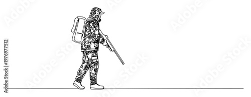 hunter in camouflage with rifle continuous one line drawing vector