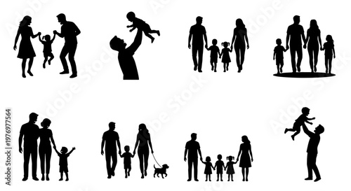 Family silhouettes set, black parent and child icons, 8 vector elements