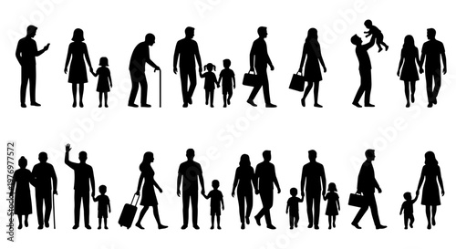 People silhouettes set, walking human figures, diverse family vector icons