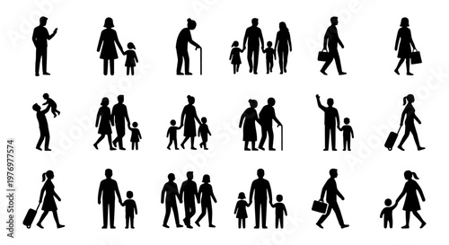 People silhouette set, family and pedestrian icons, walking human figures