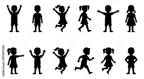 Children silhouettes set, 12 kids jumping and running, black vector icons