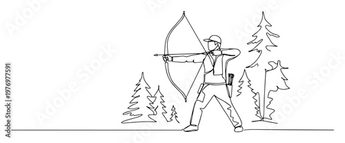 archer drawing recurve bow in forest monoline outline vector