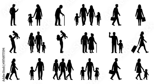 People silhouette collection, family and traveler vector set, walking icons
