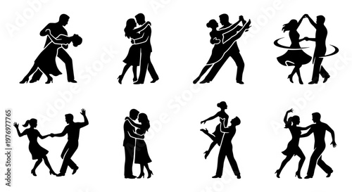 Ballroom dancing silhouettes, 8 couple dance icons, tango and salsa vectors