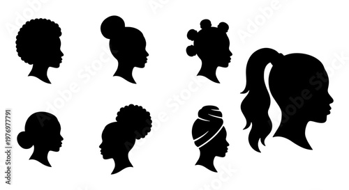 Black woman silhouette profile set, African female hair vector icons
